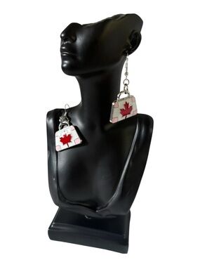 Canada Maple Leaf, Red, white and  Pink Purse Dangle Earrings. 1 pair.